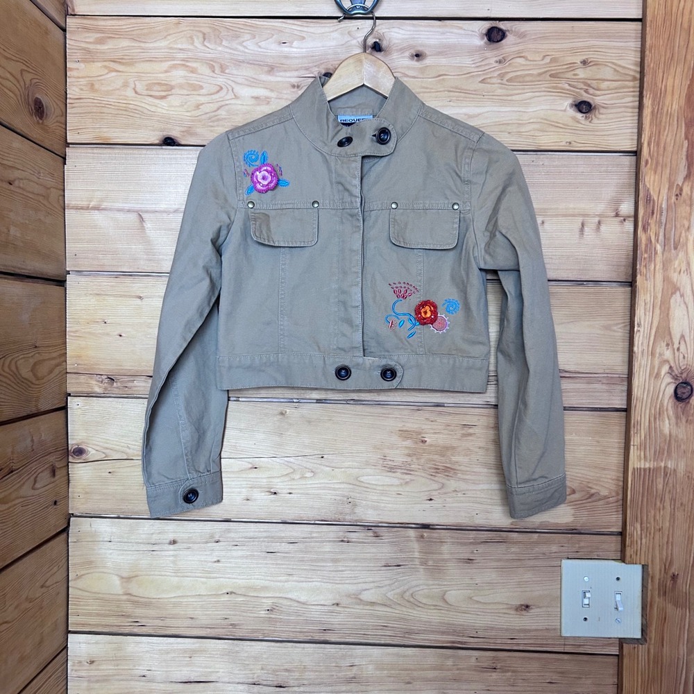 Vintage Cotton Utility Jacket Juniors Extra Small Tan Khaki Flower Boho Request
